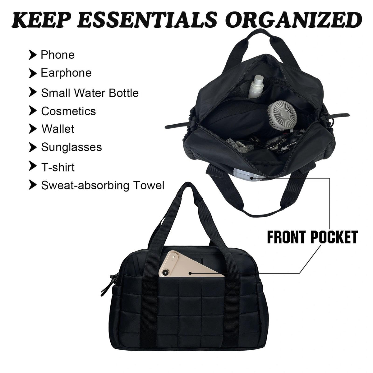 WOLT Small Gym Bag for Women, 14 inch Lightweight Gym Duffle Bag with Wet Compartment Quilted Tote for Sports Workout, Black