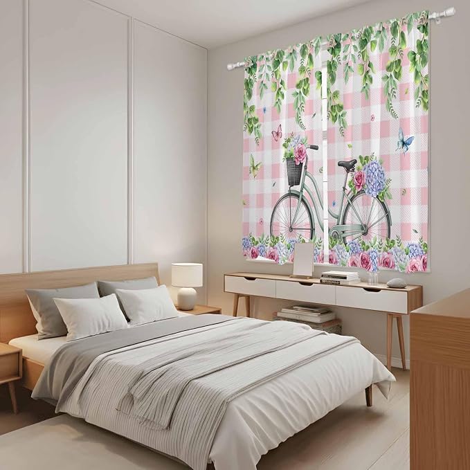 Spring Kitchen Curtains, Bicycles Leaves Butterfly Flowers Pink Buffalo Plaid