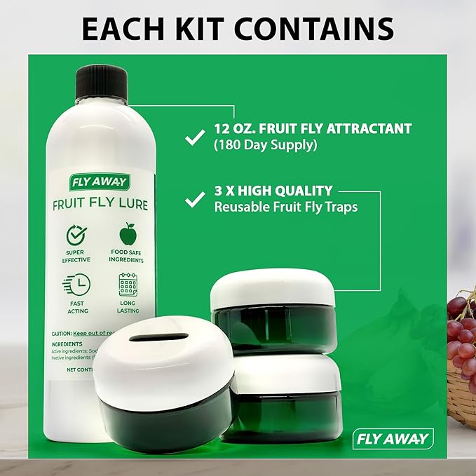Fly Away - Fruit Fly Trap Kit: 3X Reusable Fruit Fly Traps for Indoors + 12 oz. Liquid Bait. Fast Acting. Attractive Design, Perfect for Homes, Bars and Restaurants. 270+ Day Supply. Made in USA