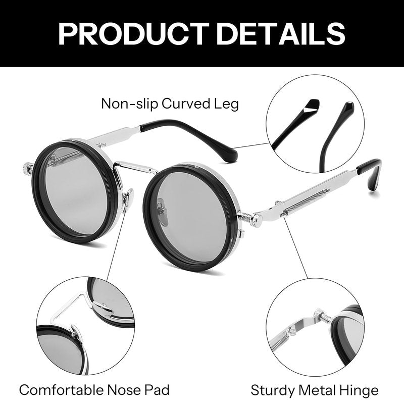 FEISEDY Adjustable Tint Sunglasses Polarized Men, 1-9 Gear Manual Dimming, Steampunk Round Metal Frame UV400 ND Filter B1400