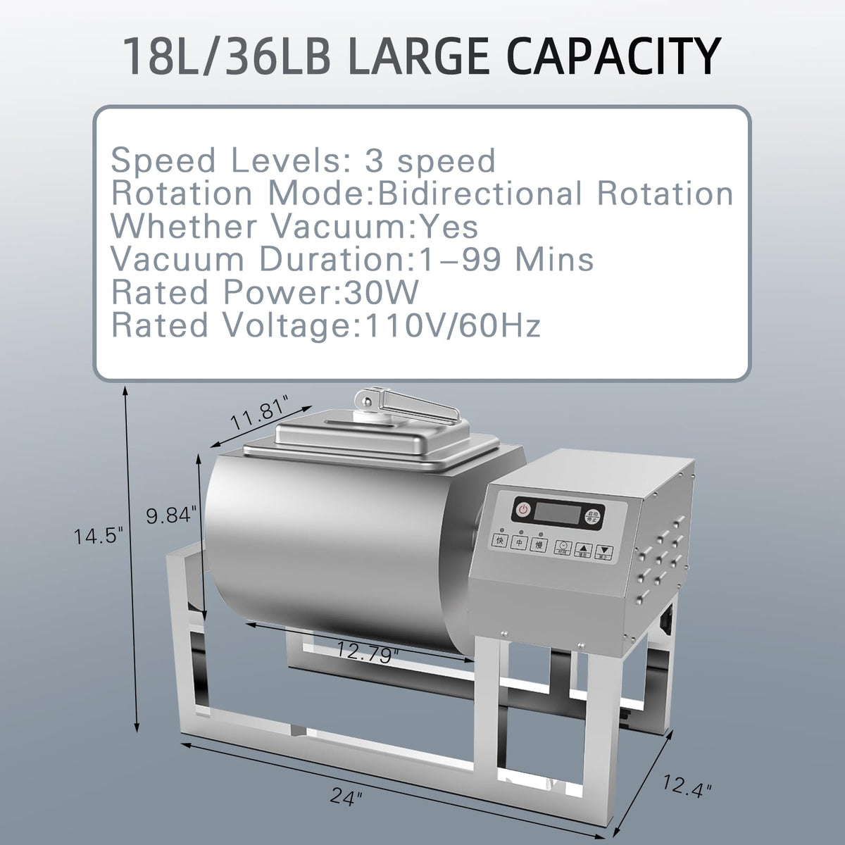 Hakka Vacuum Tumbler Marinator, 36lb/18L Meat Tumbler Marinating Machine for Jerky Sausage Bacon Stainless Steel Food-Grade Tumbling Marinator w/Bidirectional Rotation & 3-Speed Contr