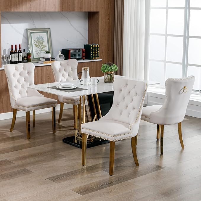 Luxury Upholstered Dining Chairs Set of 4, Beige Kitchen Chair with Golden Metal Legs, Velvet Tufted Back Dining Chair, Sillas de Comedor, Modern Kitchen & Dining Room Chairs (Beige, 4 Pcs)