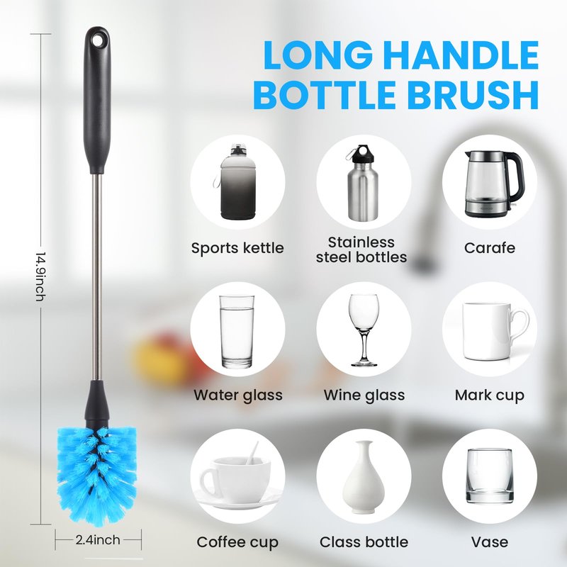 5 Pack Bottle Brush, Straw Cleaner Brush & Water Bottle Brush,15 in Stainless Steel Brush, Narrow Bottle Brush, 3 Straw Brushes, for Water Bottle, Coffee Mugs, Flasks, Glasses, Tumblers, Blue