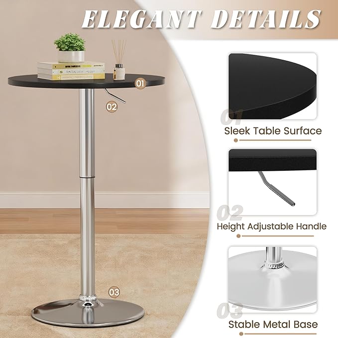 Shahoo Round Bar Table, Adjustable Height and 360° Swivel Bistro Pub Table, Cooktail Table for Bar, Bistro, Dining Room, Black with Silver Base