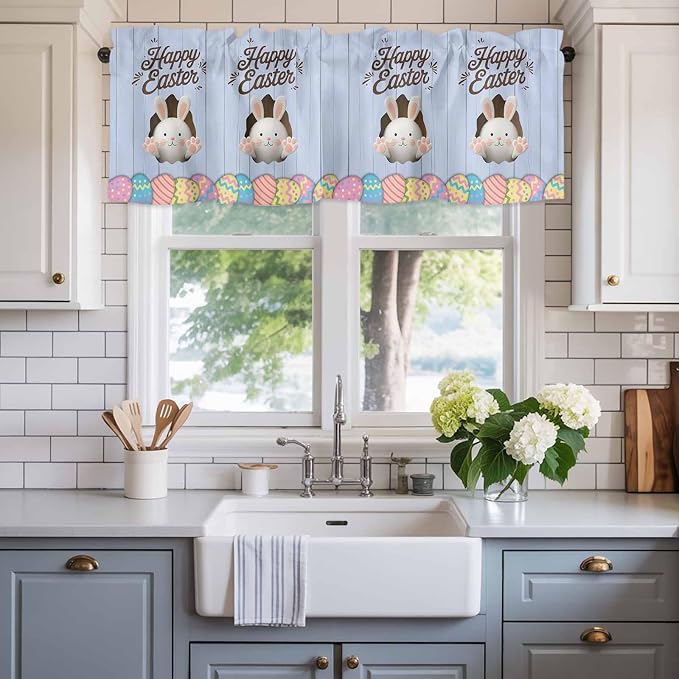 Blue Easter Curtain Valances for Windows, Kitchen Valance Window Treatment