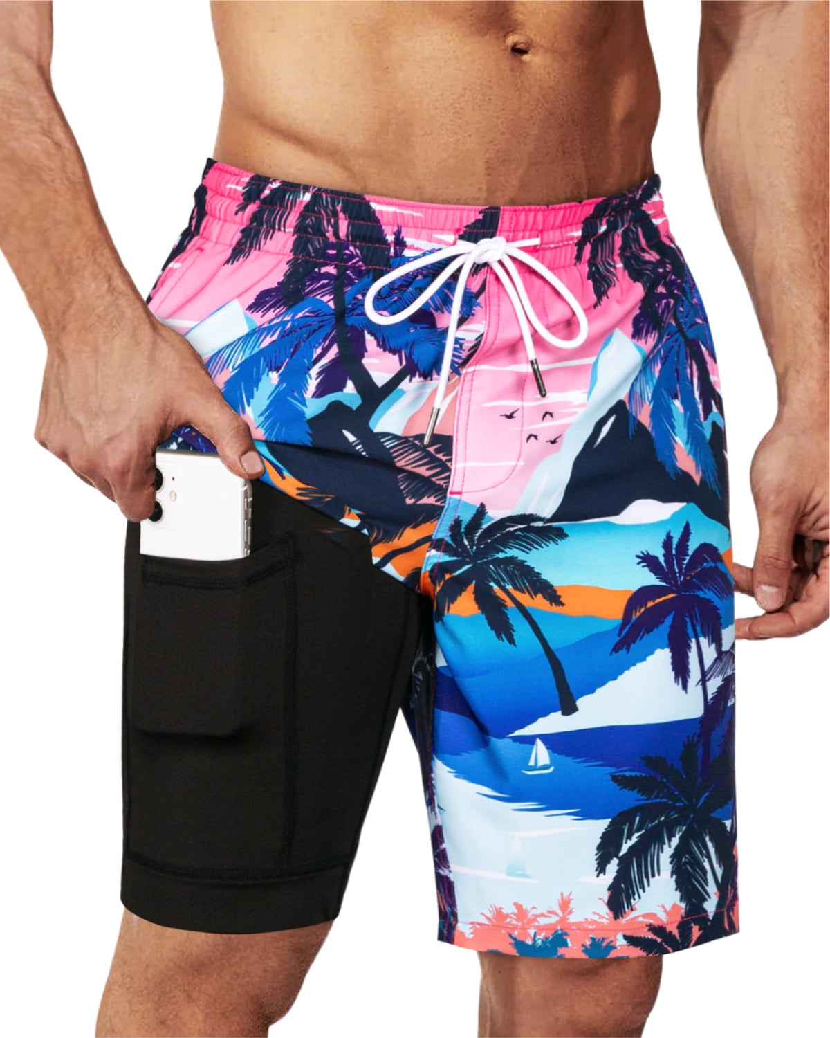 SURF CUZ 9" Mens Swim Trunks with Compression Liner Swimming Shorts 2 in 1 Stretch Quick Dry Zipper Pockets,Paradise Palms,L