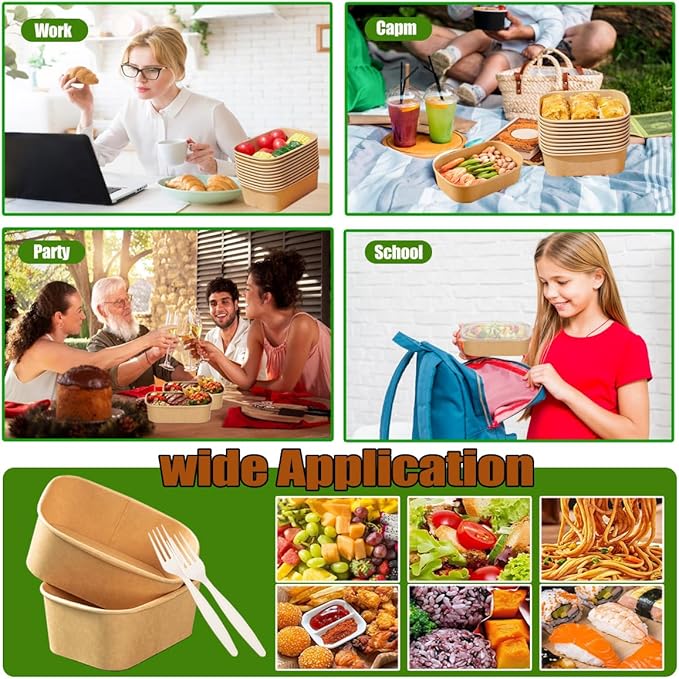 Artuxer 50 Pack 29Oz Disposable Meal Prep Containers With Lids and Forks-Disposable Kraft Paper Bowls-to go food containers-Microwavable and Freezer Safe Take Out Containers