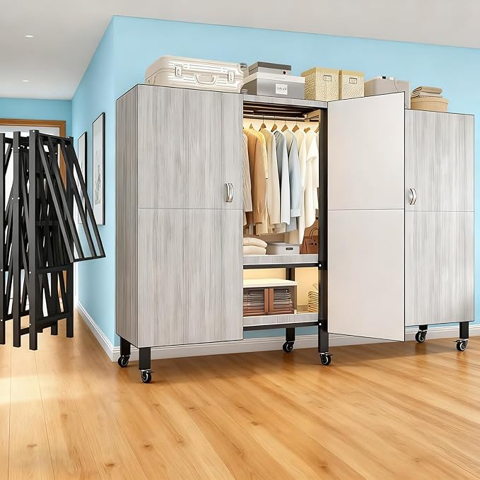 Foldable Portable Armoire Wardrobe Closet for Hanging Clothes Rack, Heavy Duty Covered Clothes Rack with Cover(HARDBOARD Magnetic), Closet Garment Rack for Bedroom Storage (KT Woodgrain Gray, 66.14in)