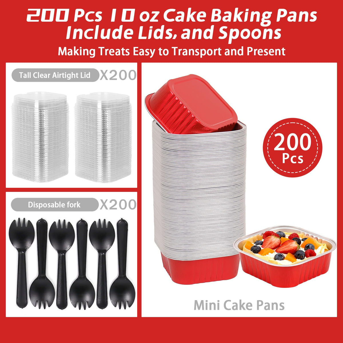 200 Pack 10 oz Square Mini Cake Pans with Lids, Disposable Aluminum Foil Baking Cups for Brownies, Cupcakes, Cheesecake & Catering (Red)
