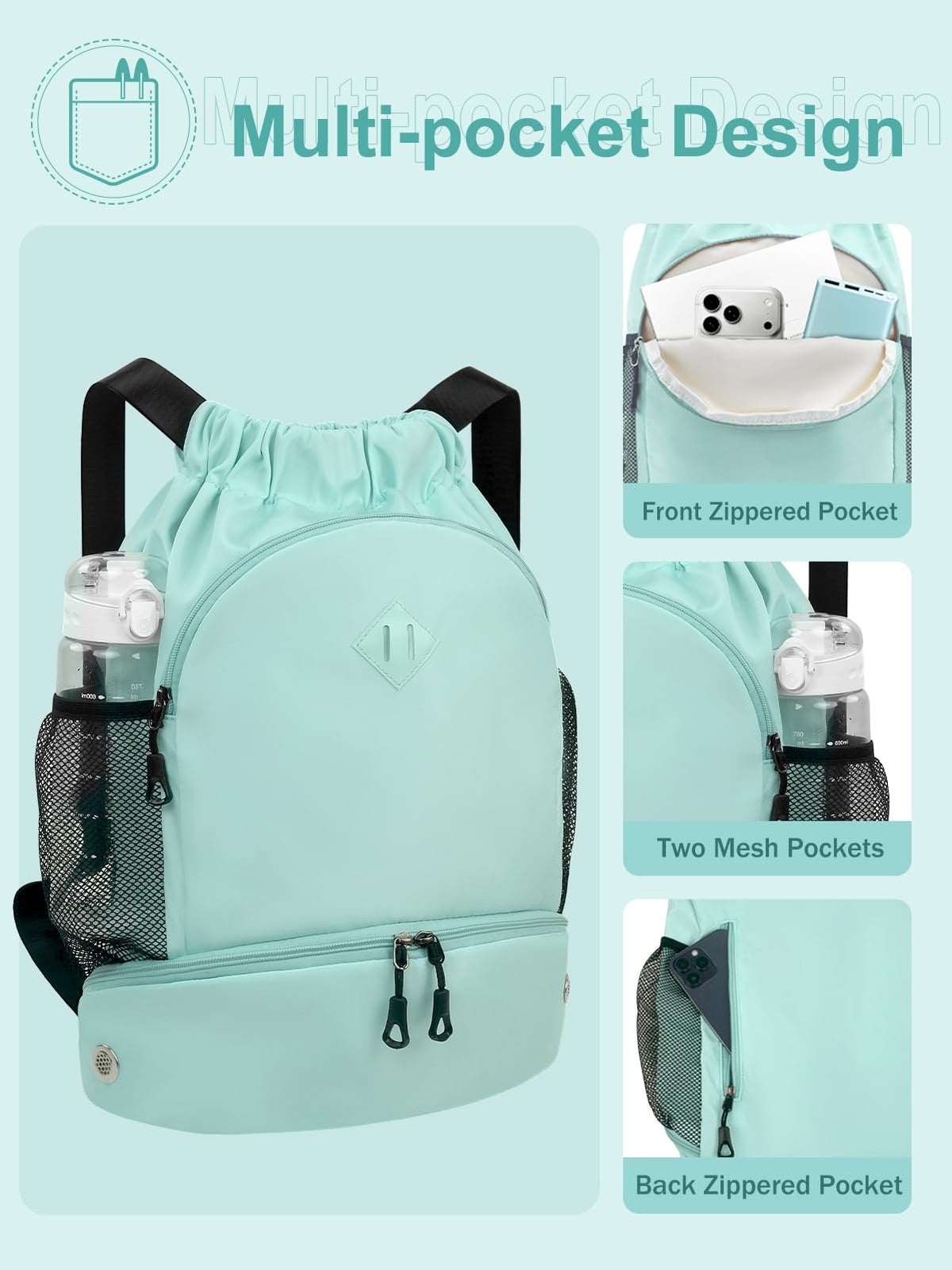 RHDZO Drawstring Backpack Gym Backpack with Shoe Compartment for Men Women String Sports Bag with Wet Pocket Cinch Swim Beach Bag, Large Mint Green