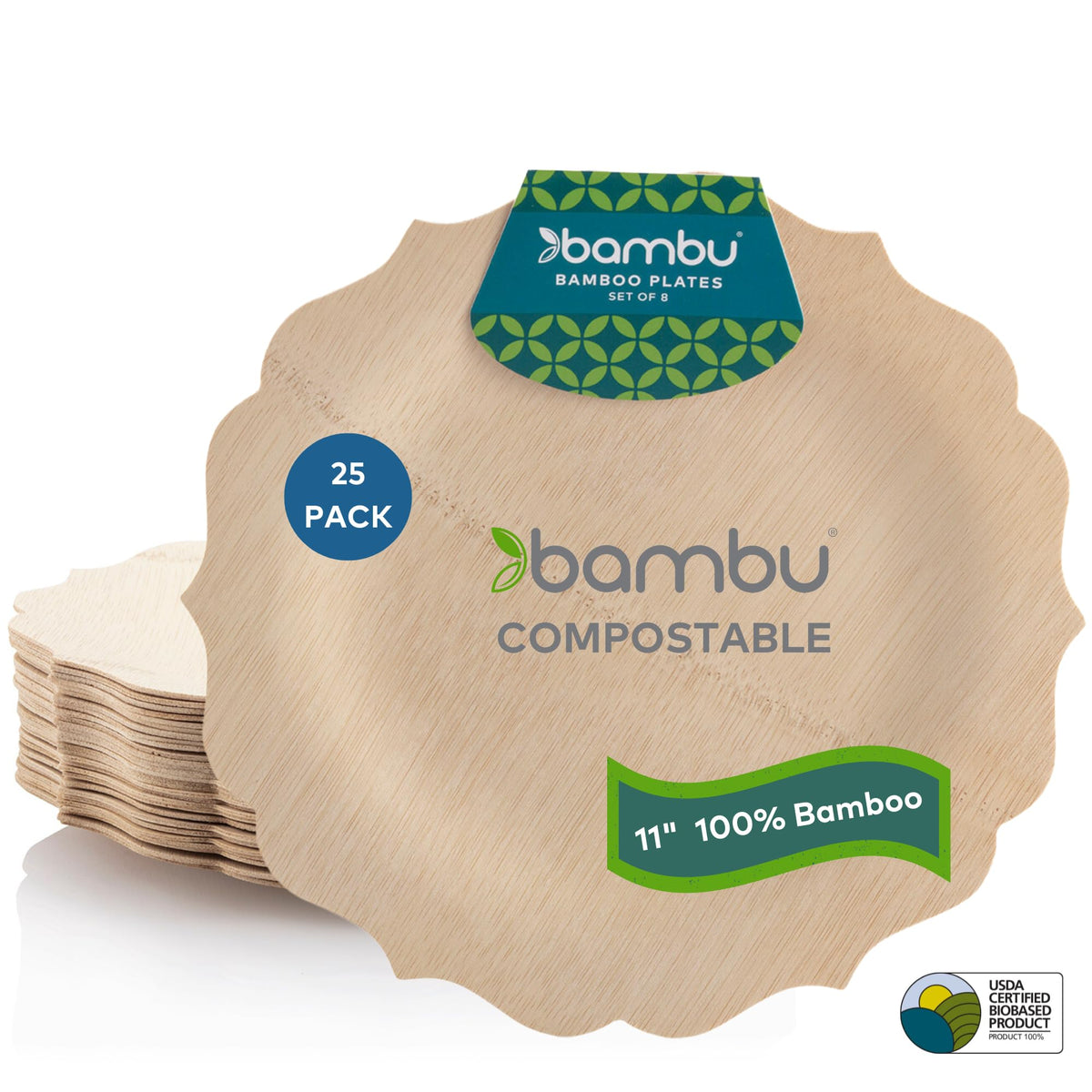 Bambu Pack of 8-9 Inch Disposable Bamboo Plates Fancy, Biodegradable Eco Friendly Products, Bamboo Disposable Plates for Party, Weddings, and Events, Great For Any Occasion, Compostable Plates
