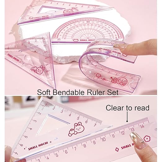 4 Pieces Purple Flexible Rulers Set 15cm Soft PVC Bendable Rulers Shatterproof Straight Ruler Triangle Ruler Straight Edge Protractor Math Geometry Tool Office School Supplies (Purple)