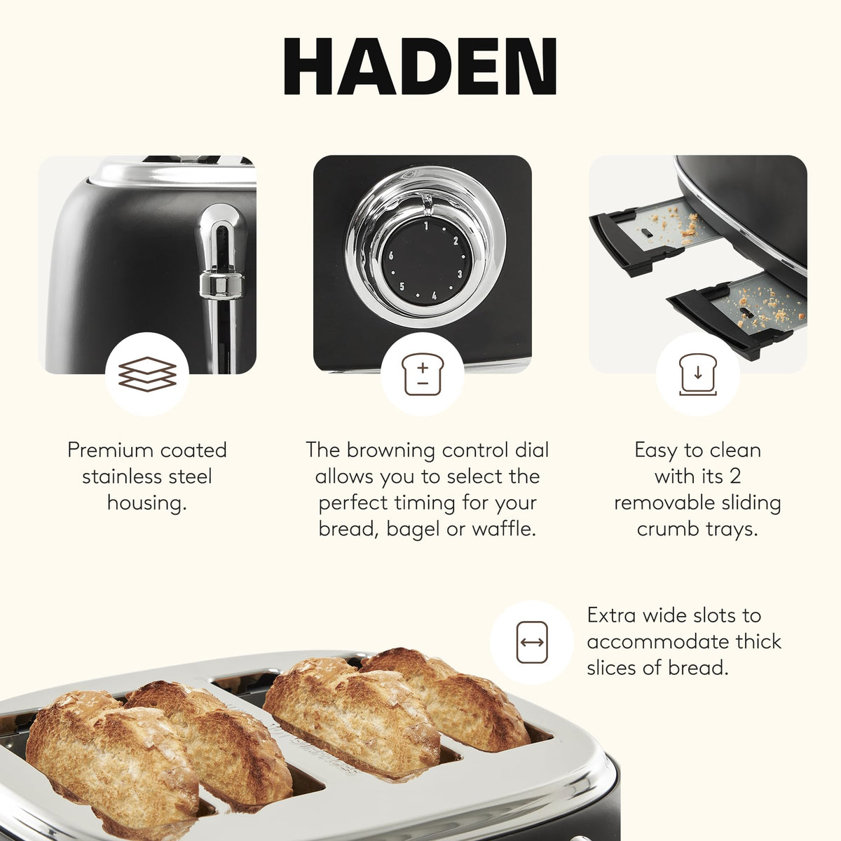 Haden Heritage 4 Slice Wide Slot Stainless Steel Toaster