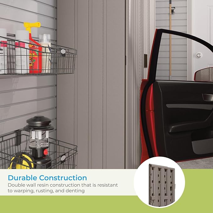 Suncast 31 Cubic Feet Mega Tall Storage Cabinet with 3 Adjustable Shelves, Platinum Metallic & Slate – Garage or Basement Utility Resin Organizer with 75 Pound Capacity Per Shelf and Lockable Doors