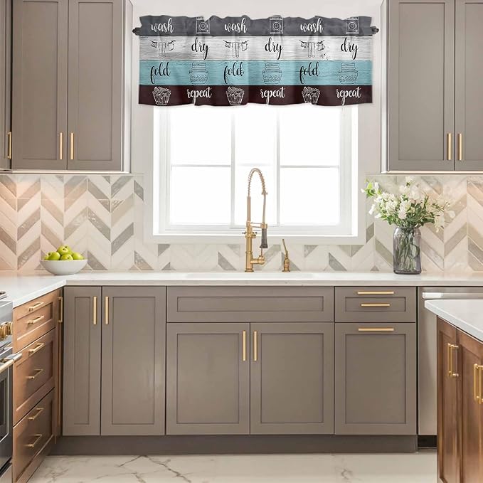 Laundry Rules Valances for Windows, Retro Blue White Wood Board Grain Kitchen