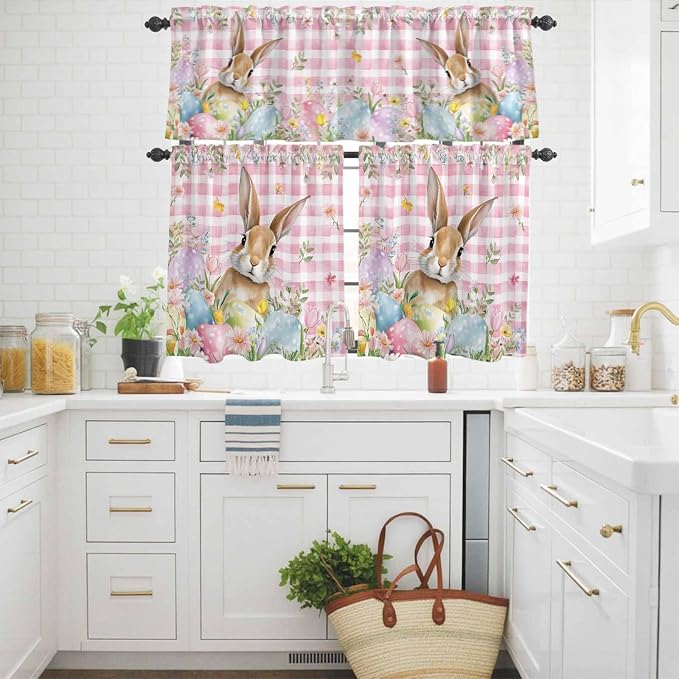 Kitchen Curtains Tiers and Valance Set of 3, Easter Light Filtering Window
