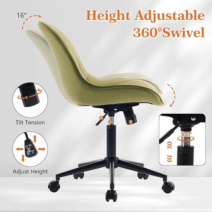 Rowill Modern Office Chair - Ergonomic Swivel Leather Desk Chair with Curved Backrest, Height Adjustable Rolling with Wheels, Perfect for Study Room & Office, Avocado Green