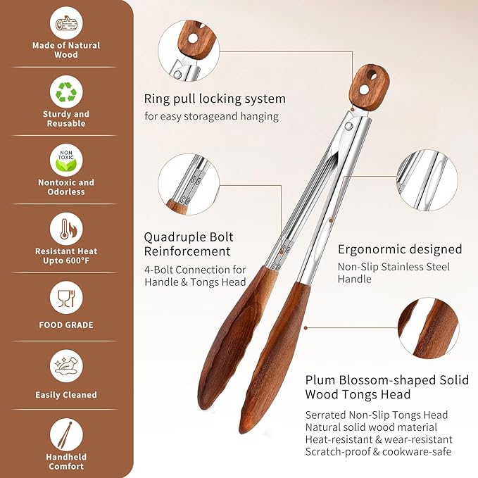 Wooden Tongs for Cooking 3PCS 7,9,12 Inch Natural Walnut Wood kitchen Tongs