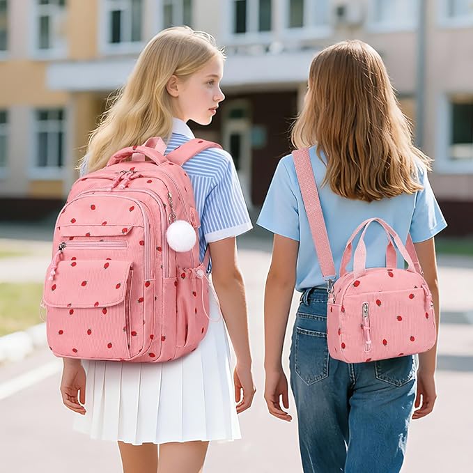 Bevalsa Backpack for Gilrs, 3PCS Corduroy Kids Backpack Set with Lunch Box & Pencil Pouch, Bookbag Daypack Laptop Bag for Women Teens Elementary Middle High School