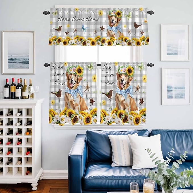 Kitchen Curtains Tiers and Valance Set of 3, Sunflowers Dog Light Filtering