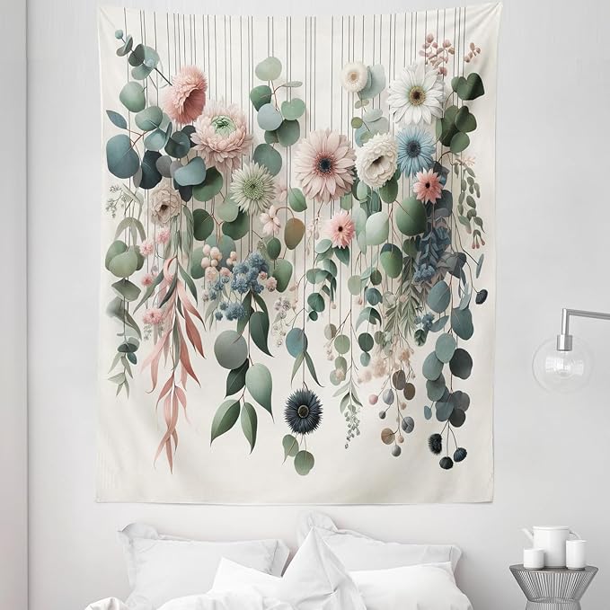 Ambesonne Flower Tapestry Twin Size, Modern Lines Leafy Eucalyptus Pattern with Tender Sunflower and Peony, Wall Hanging Bedspread Bed Cover Wall Decor, 68" X 88", Grey Teal Laurel Green