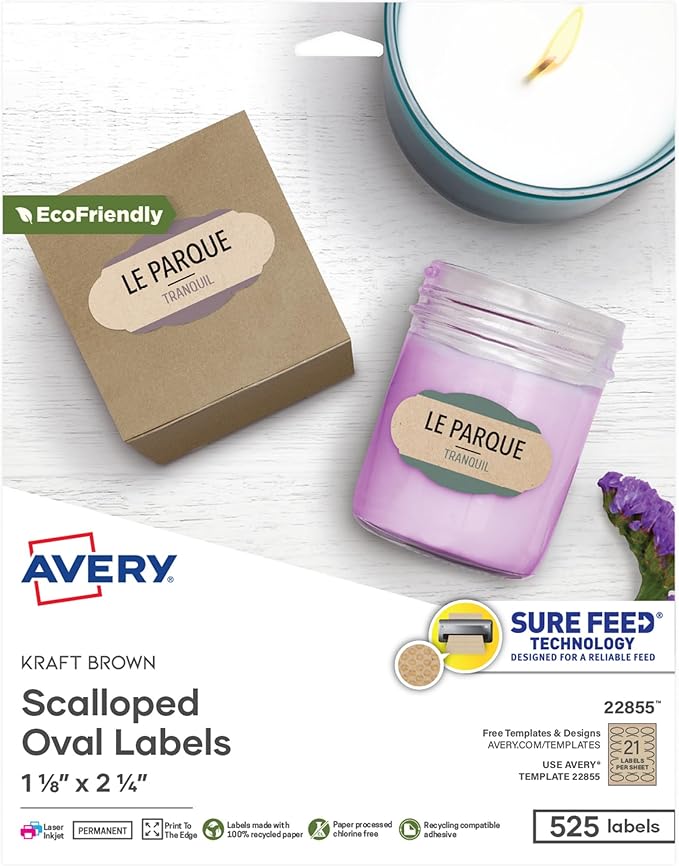 Avery Kraft Brown Scalloped Oval Labels with Sure Feed Technology, 1-1/8" x 2-1/4", Print to The Edge, Laser/Inkjet Printable Labels, 525 Total (22855)