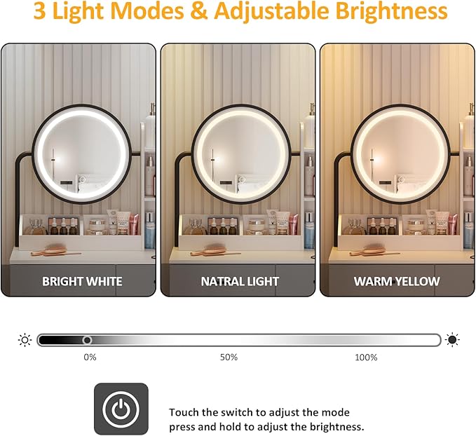 Vabches Makeup Vanity with Round Mirror and Lights, White Vanity Makeup Table with Charging Station, Small Vanity Table for Bedroom, 3 Lighting Modes, 31.5in(L)