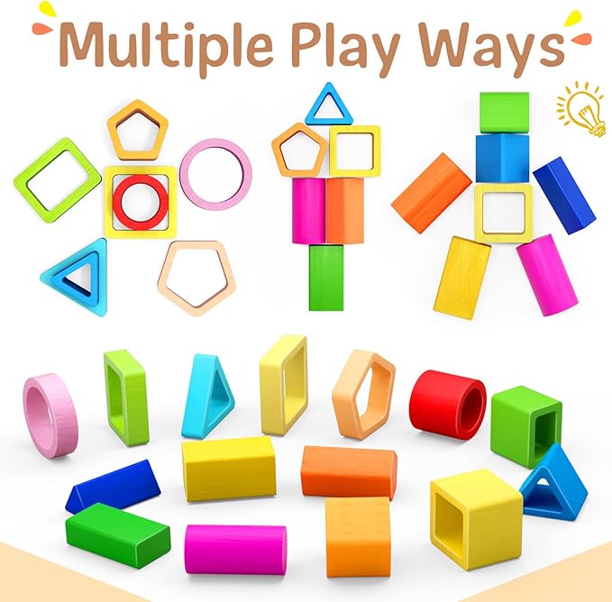 PEBIRA Montessori Toys for 1 2 3 Year Old Boys Girls Toddlers, Heightened Peg-Free Wooden Stacking Toys, Shape Sorter Learning Toy, Birthday Gift for Baby Kid Age 1-4 Preschool Toy, Various Game Play