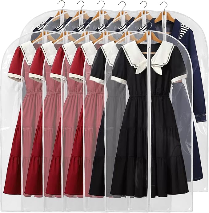48" All Clear Garment Bags for Hanging Clothes, 12 Packs Suit Bags for Closet Storage, Plastic Waterproof Suit Cover Bags with Zipper for Coats, Jackets, Shirts (Set of 12)