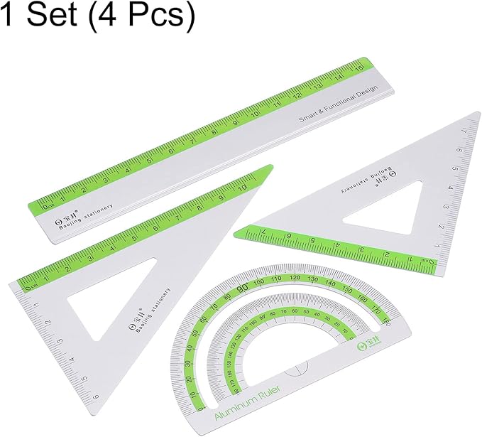 HARFINGTON 4pcs Geometry Set 15cm Metric Measure Ink Printing Aluminum Ruler Metal Ruler Set Triangle Protractor Ruler Tool Set for Classroom, Office, Home, Green