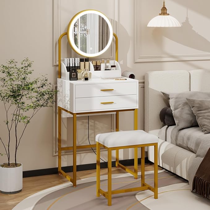 ARTETHYS Small Vanity Desk with Mirror and Lights White Compact Makeup Vanity with Chair Modern Space-Saving Dressing Table with Drawer for Small Bedroom, Apartment