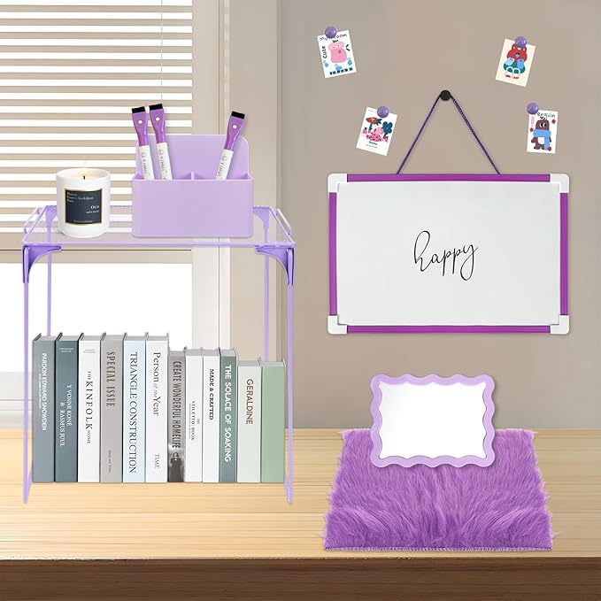 12 Pcs Locker Organizer and Decorating Kit, First Day of School Essentials,Back to School Essentials Locker Decoration, Print Whiteboard with Markers Plush Area Rug String Mirror(Purple)