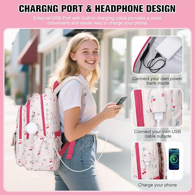 Bevalsa Backpack for Gilrs, 3PCS Corduroy Kids Backpack Set with Lunch Box & Pencil Pouch, Bookbag Daypack Laptop Bag for Women Teens Elementary Middle High School
