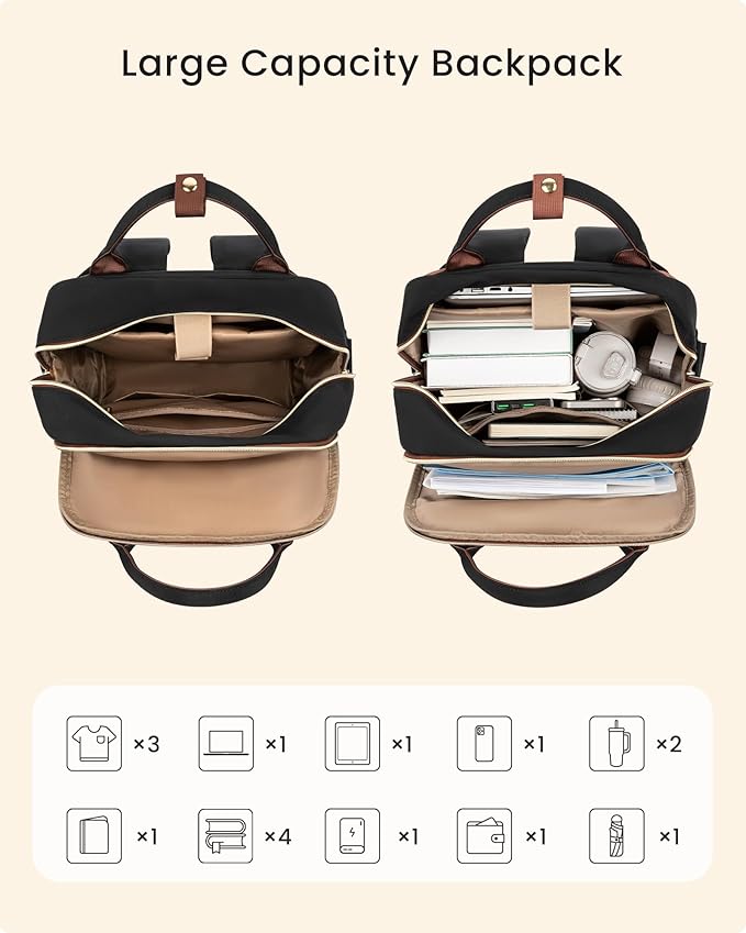 LOVEVOOK Laptop Backpack for Women with Giant Tumbler Holder Pocket, 17 inch Large Travel Work Backpack Purse for Teacher Nurse, Waterproof College Book Bag Cute Casual Daypack, Beige-Black-Brown