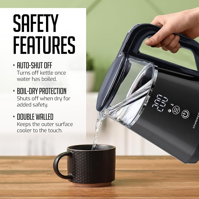 OVENTE 1L Electric Kettle with Temperature Control, 1500W, Black KD95B