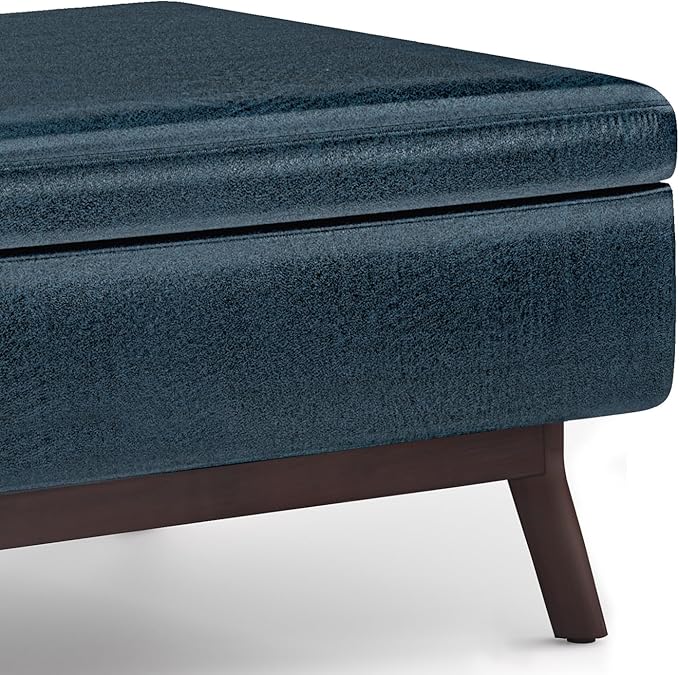 SIMPLIHOME Owen Coffee Table Storage Ottoman - 34 inch Wide Upholstered Vegan Leather Rectangular Lift-Top Ottoman in Distressed Dark Blue, Mid-Century Modern Bench for Living Room with Tapered Legs