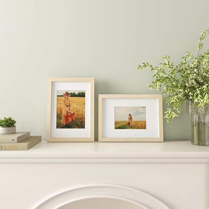 Egofine A4 Picture Frame Made of Solid Wood with Plexiglass, Display Pictures 4x6/6x8 with Mat or A4 Without Mat for Tabletop and Wall Mounting, Oak Wood