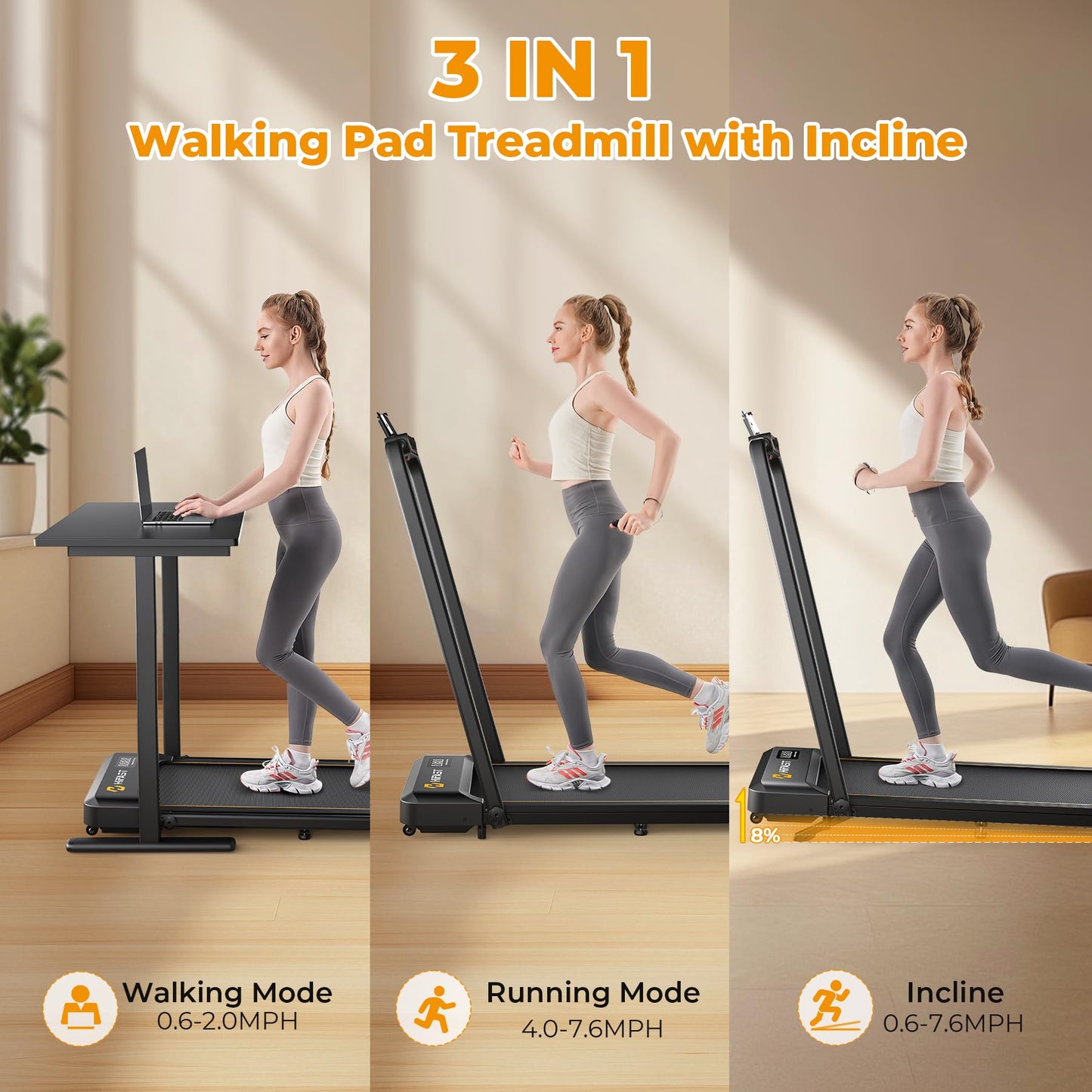 HiFast Walking Pad, Under Desk Treadmill for Home Office, Small Walking Pad with Handle Bar and Incline, Foldable Treadmill with Remote Control, APP