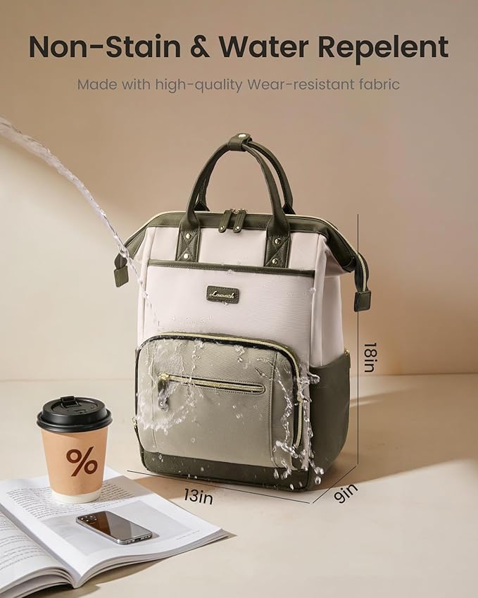 LOVEVOOK Laptop Backpack for Women with Giant Tumbler Holder,18 inch Professional Nurse Teacher Backpack Computer Laptop Bag,Cute Travel Backpack Purse Work College Bag,Beige-Bean green-Army green