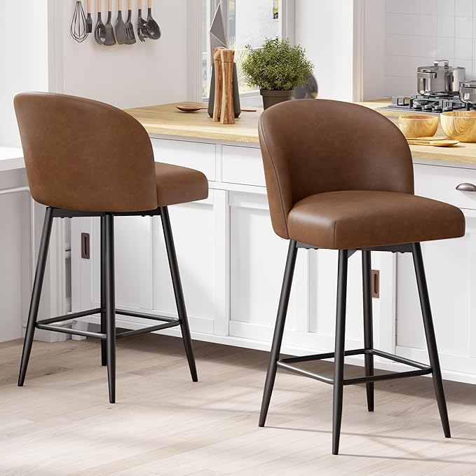 Counter Height Bar Stools Set of 2,360° Swivel Barstools with High Back and Metal Legs,26" Seat Height, Upholstered PU Leather Bar Chairs for Kitchen Island, Dining Room,Cafes,Yellow Brown