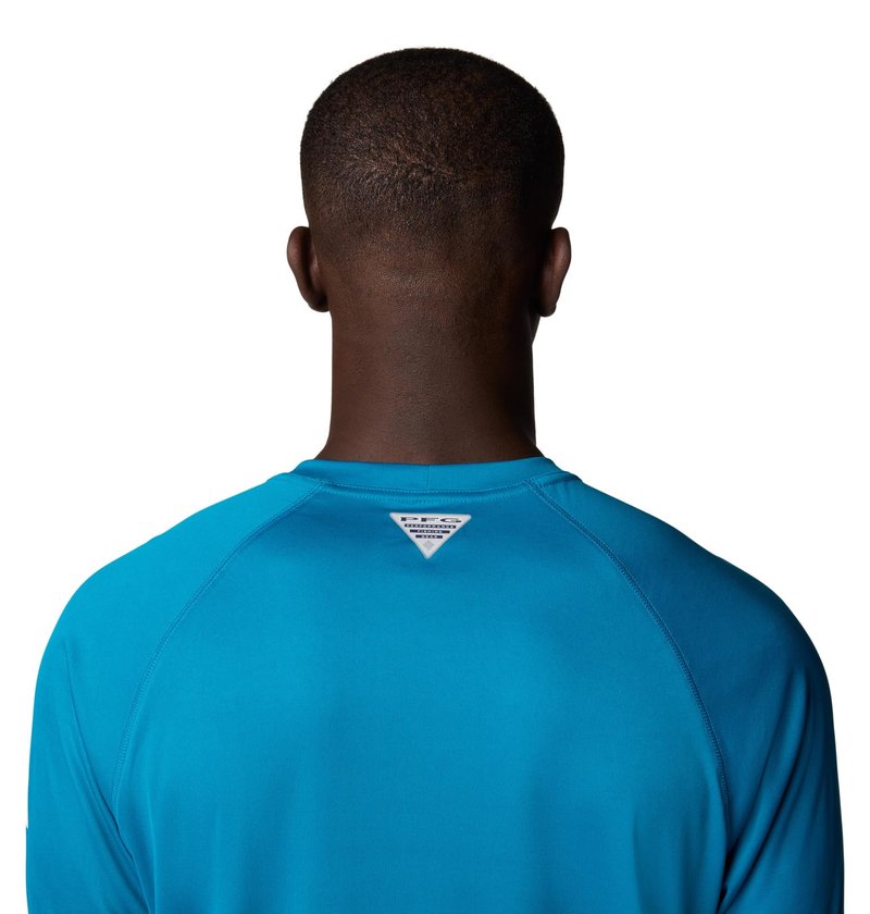 Columbia Men's PFG Terminal Tackle Long Sleeve Fishing Shirt, Blue Echo/White Logo, Large