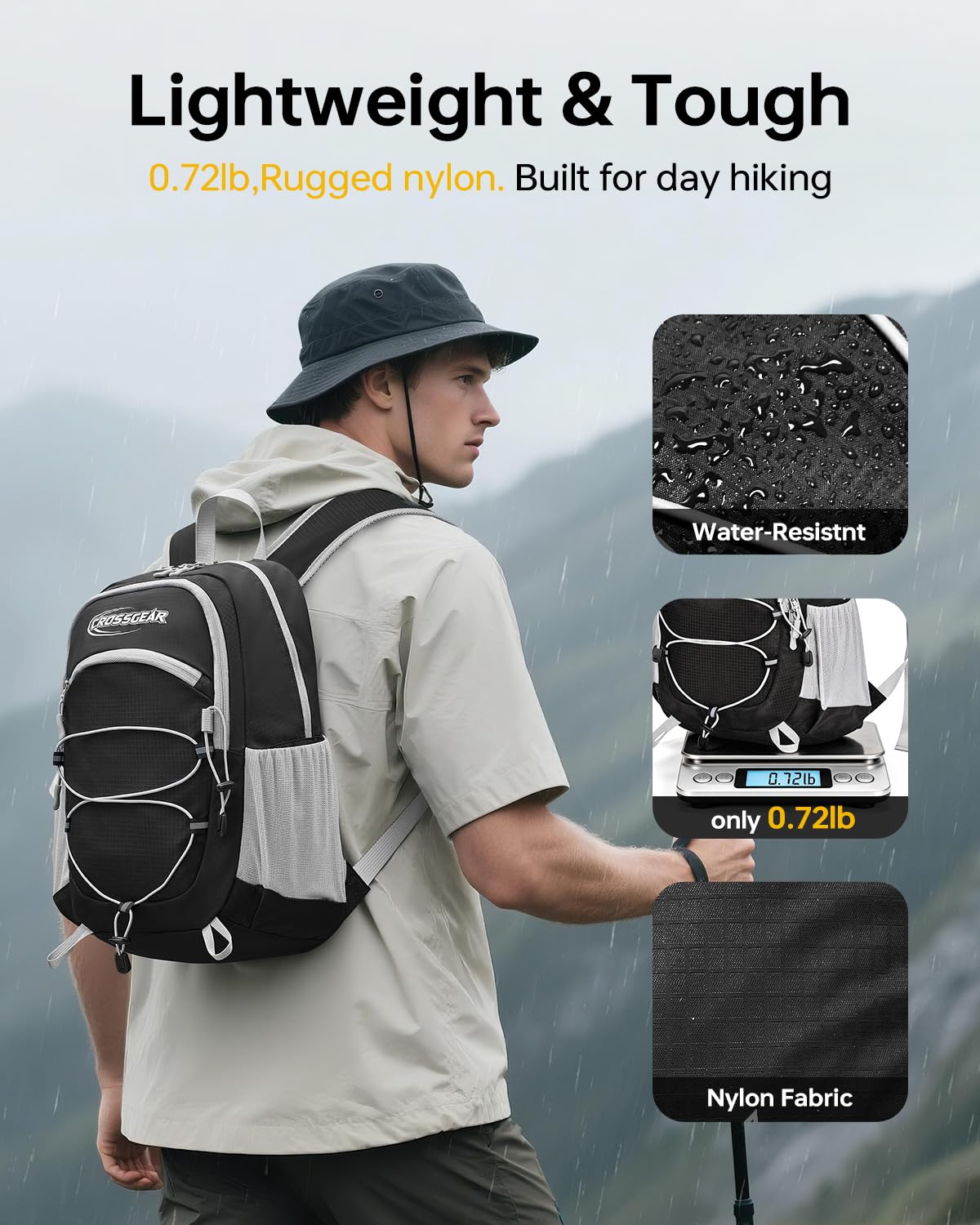 CROSSGEAR 24L Hiking Backpack, Lightweight Foldable Packable Daypack with RFID Pocket, Multi-Pocket, Nylon Small Travel Backpack, Water Resistant for Travel, Camping, Outdoor, Black