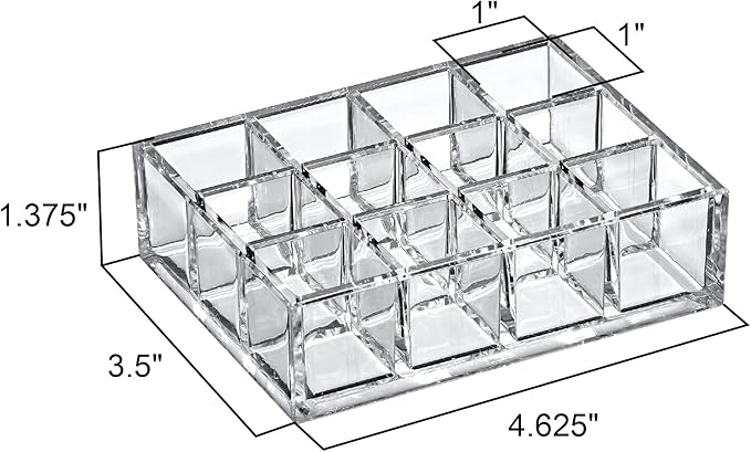 Amazing Abby - Allure - 12-Slot Acrylic Lipstick Organizer, Lipstick Holder, Lip Gloss Holder, Cosmetic Storage Display, Perfect Storage Solution for Drawer and Vanity (Slot Size: 1.0" x 1.0")