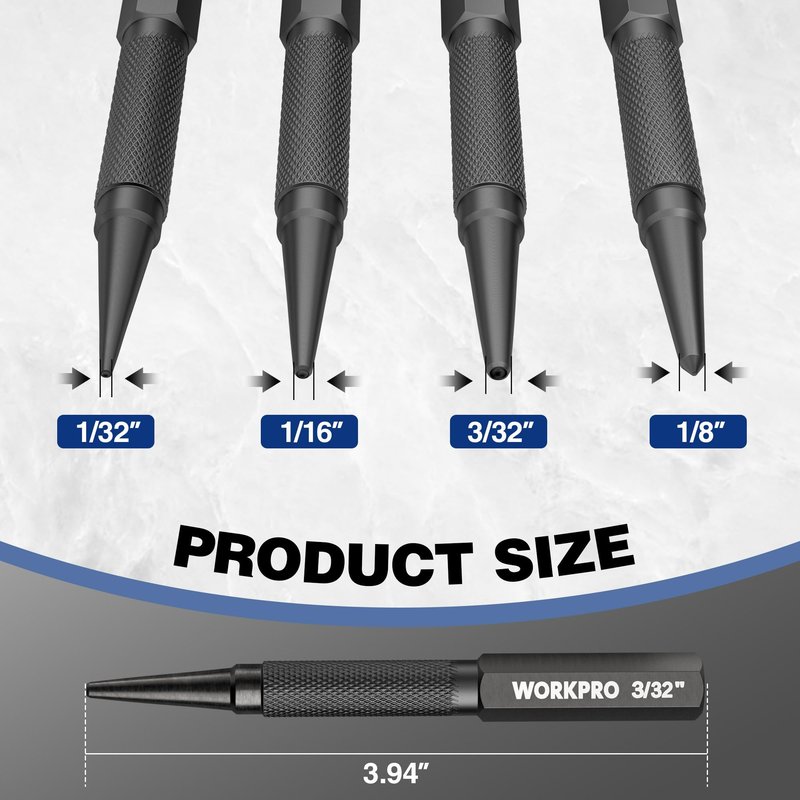 WORKPRO 4-Piece Nail Punch and Center Punch Set, Hardened Cr-V Steel with Knurled Grip,1/32", 1/16", 3/32" Nail Setter & 1/32" Center Punch Tool