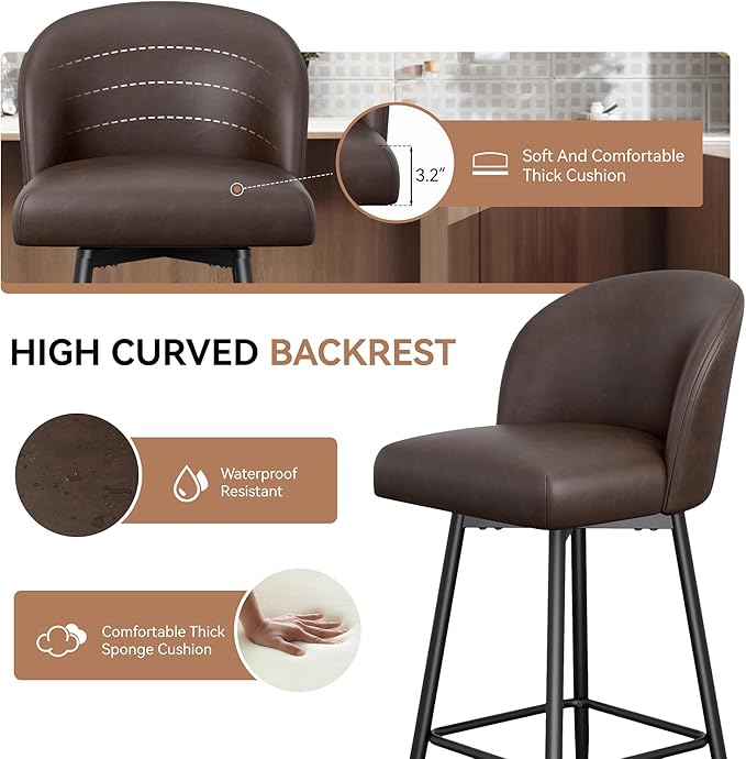 Counter Height Bar Stools Set of 2,360° Swivel Barstools with High Back and Metal Legs,26" Seat Height, Upholstered PU Leather Bar Chairs for Kitchen Island, Dining Room,Cafes,Black Brown