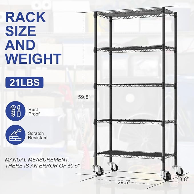 3 Pack 5 Tier Shelving Unit Wire Rack, Heavy Duty Adjustable Shelf Rolling Storage Shelves with Wheels, 14" D x 30" W x 60" H 750 lbs Capacity Kitchen Garage Pantry Shelves for Small Spaces