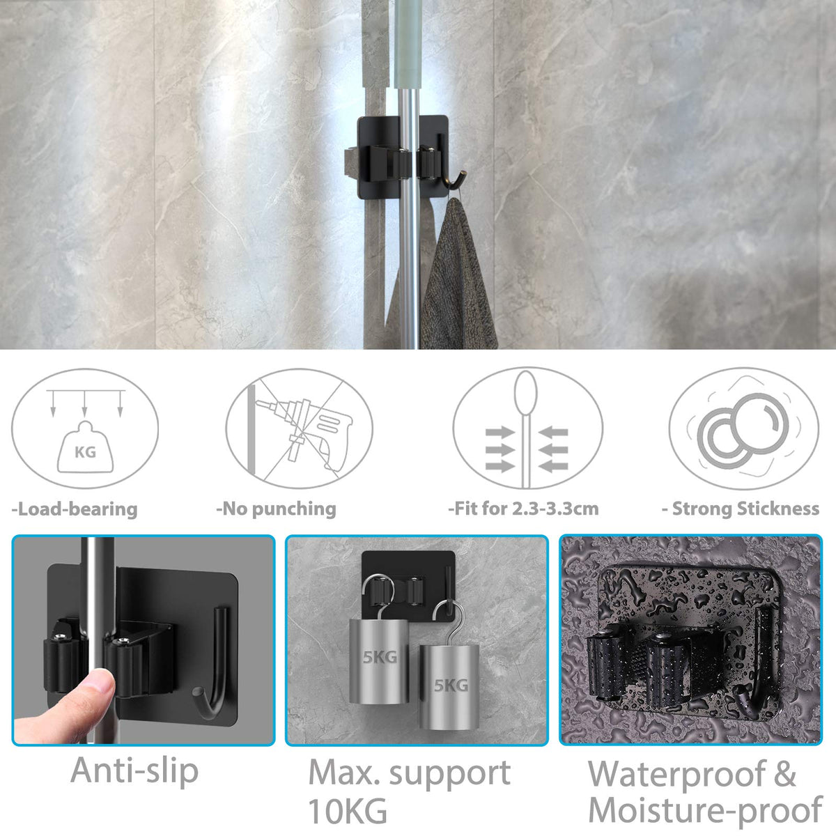 homeasy Mop Broom Holder No Drill, Mop Broom Organizer Wall Mounted Heavy Duty with Hooks Hanger, Self Adhesive Stainless Steel 4Pcs for Bathroom, Kitchen, Office (Black)