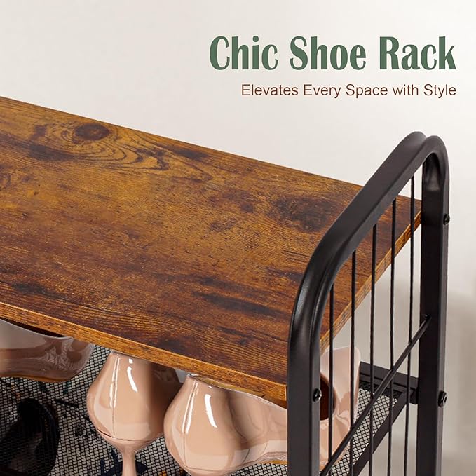 BWOORACKU 3-Tier Shoe Rack with Guardrails, Heavy-Duty Metal Mesh Shelves & Rustic Wooden Top - Space-Saving Organizer for Closet, Entryway, and Hallway (Holds 1-2 Pairs/Shelf)