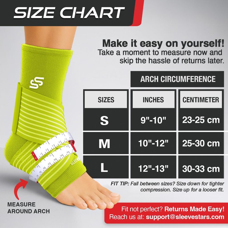 Sleeve Stars Ankle Brace for Women & Men, Ankle Wrap for Sprained Ankle, Compression Sleeve for Plantar Fasciitis Relief, Easy Customizable Support: w/ Removable Strap (Single/M:10"-12"/Neon Yellow Green)