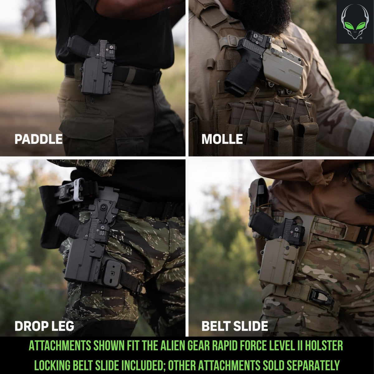 Alien Gear Rapid Force Level 2 Holster – Glock 19/19X/19 MOS/23 (Gen 1–4)/44/45/45 MOS – Right Hand – Compact Light – Locking Belt Slide – Optic Compatible – Made in USA